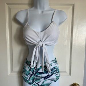 Knot Front Bikini Top with Blue and Green Leave Bottoms